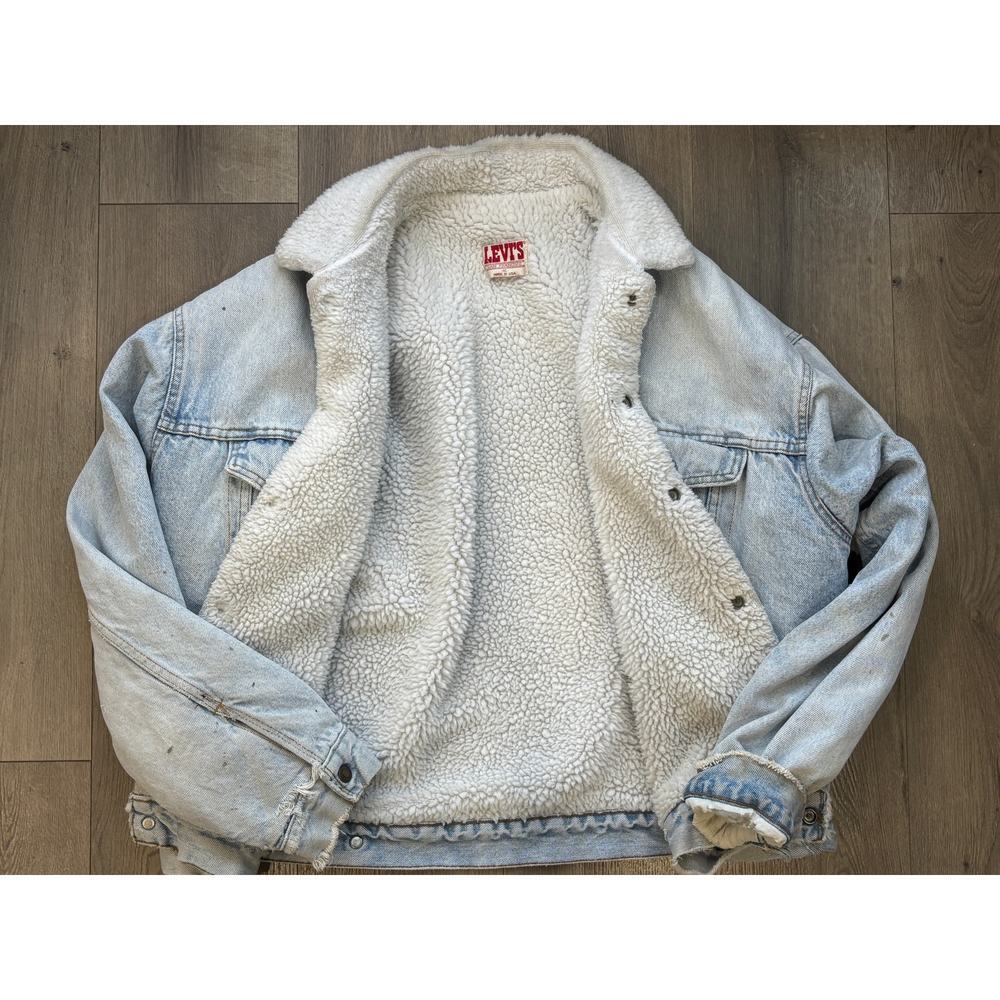 Vintage Levis Sherpa denim trucker Jacket Mens XL Made USA Distressed - Picture 2 of 10